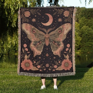 Goblincore Woven Throw Blanket, Aesthetic Moth, Woodland Goth Tapestry, Cottagecore Wall Art, Witchy Boho Decor, Dark Academia, Botanical