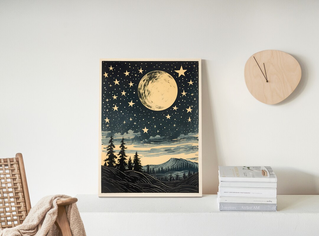 Boho Moon Wall Art, Moonrise With Stars Block Print, Retro Wall Decor