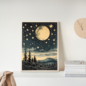 Boho Moon Wall Art, Moonrise with Stars Block Print, Retro Wall Decor, Boho Decor, Vintage, Celestial Art, Witchy, Zodiac Art, Moon Decor