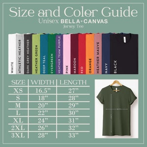 Pode incluir: Guia de tamanhos e cores para camisetas de jersey unissex Bella + Canvas. O gr&aacute;fico mostra os tamanhos XS a 3XL com as medidas de largura e comprimento correspondentes em polegadas. As cores dispon&iacute;veis s&atilde;o branco, cinza atl&eacute;tico, cinza escuro, verde mesclado, azul escuro, verde, roxo mesclado, rosa, vinho, vermelho, laranja, malva mesclado, azul marinho e preto.