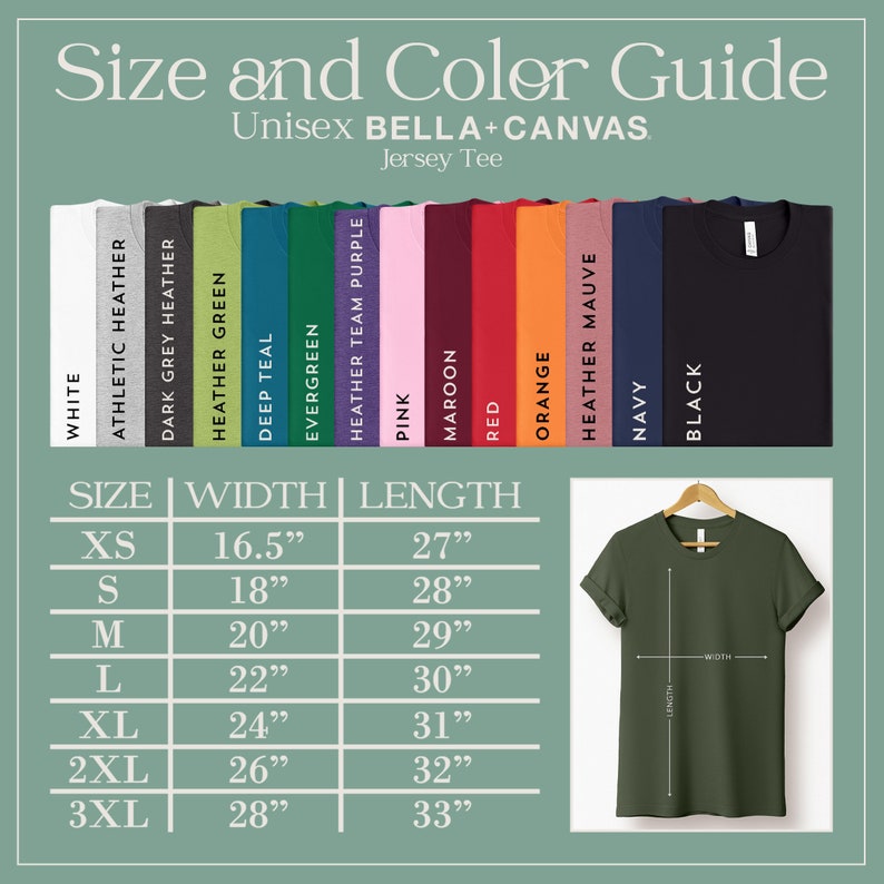 Pode incluir: Guia de tamanhos e cores para camisetas de jersey unissex Bella + Canvas. O gr&aacute;fico mostra os tamanhos XS a 3XL com as medidas de largura e comprimento correspondentes em polegadas. As cores dispon&iacute;veis s&atilde;o branco, cinza atl&eacute;tico, cinza escuro, verde mesclado, azul escuro, verde, roxo mesclado, rosa, vinho, vermelho, laranja, malva mesclado, azul marinho e preto.
