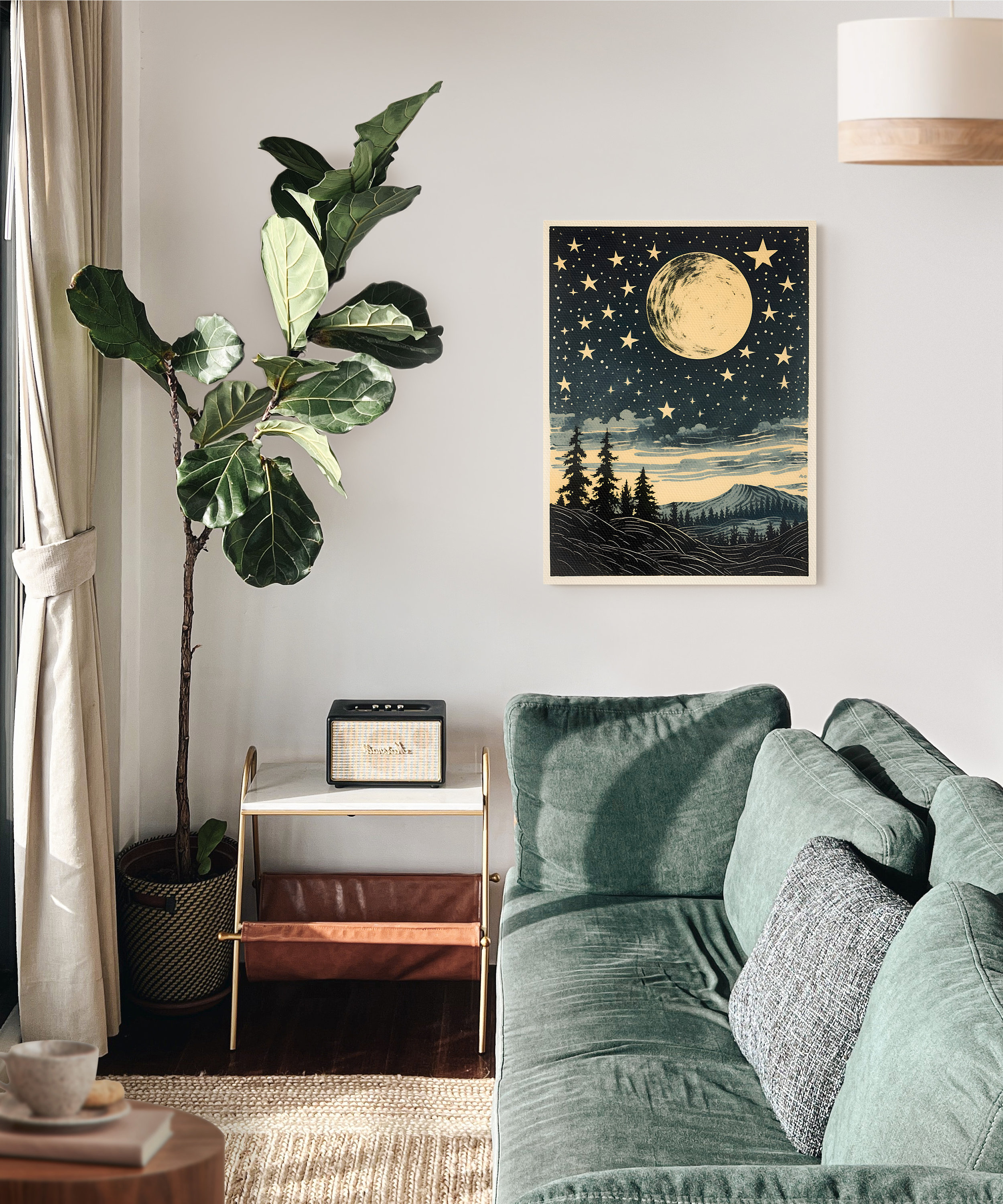 Boho Moon Wall Art, Moonrise With Stars Block Print, Retro Wall Decor ...