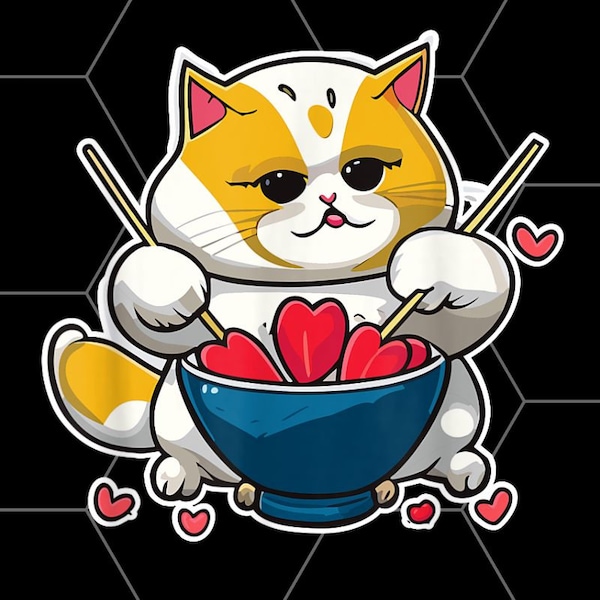 Anime Cat eating Ramen Noodles with Hearts Valentines Day png