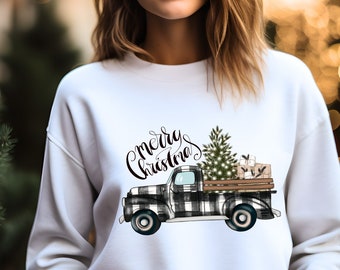 Buffalo Plaid Truck Christmas Sweatshirt: Merry Christmas