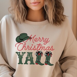 Merry Christmas Y&#39;all Sweatshirt: Western Cowgirl Holiday Sweater