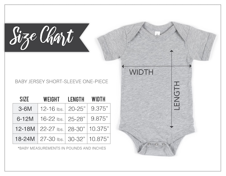 May include: Size chart for a baby jersey short-sleeve one-piece. The chart shows the size, weight, length, and width in inches and pounds.  The chart includes sizes 3-6M, 6-12M, 12-18M, and 18-24M.