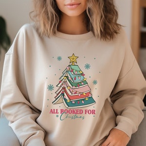 All Booked For Christmas, Christmas Book Tree Shirt, Christmas gift for teacher, School Christmas t-shirt, Book Lovers Christmas Gift image 2