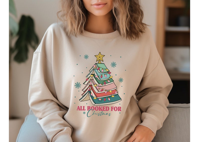 All Booked For Christmas, Christmas Book Tree Shirt, Christmas gift for teacher, School Christmas t-shirt, Book Lovers Christmas Gift image 2