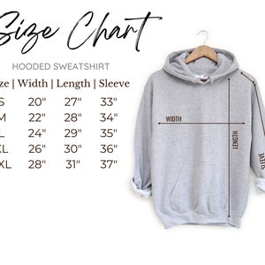 May include: Size chart for a hooded sweatshirt with measurements in inches for width, length, and sleeve length. Sizes include S, M, L, XL, and 2XL.