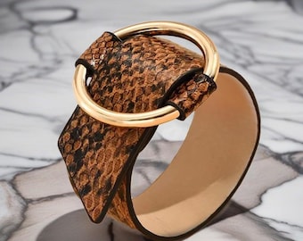 Snake Textured Cuff Bracelet with Gold Buckle | Bronze and Black| Stylish Statement Jewelry | 1.1” Width, 7.8” Length | Unique Bracelet Cuff