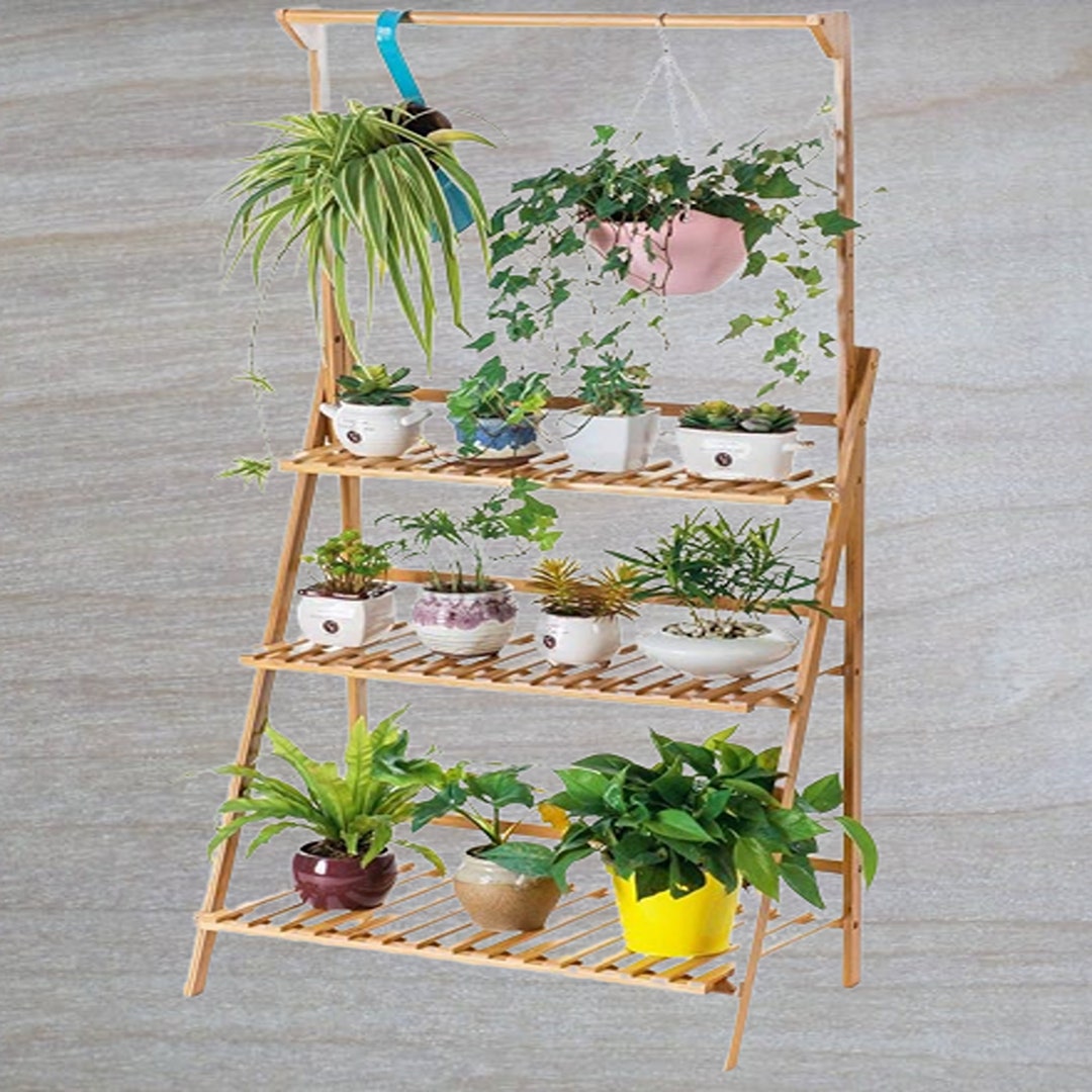 3-Tier Bamboo Plant Stand with Hanging Planter Shelves Pot Rack Organizer Foldable Sturdy