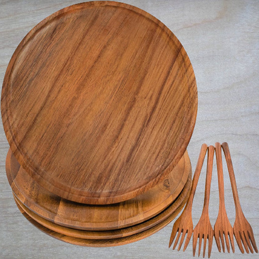 Wooden Plates Wood Dinner Plates With Forks Reusable Handmade Etsy