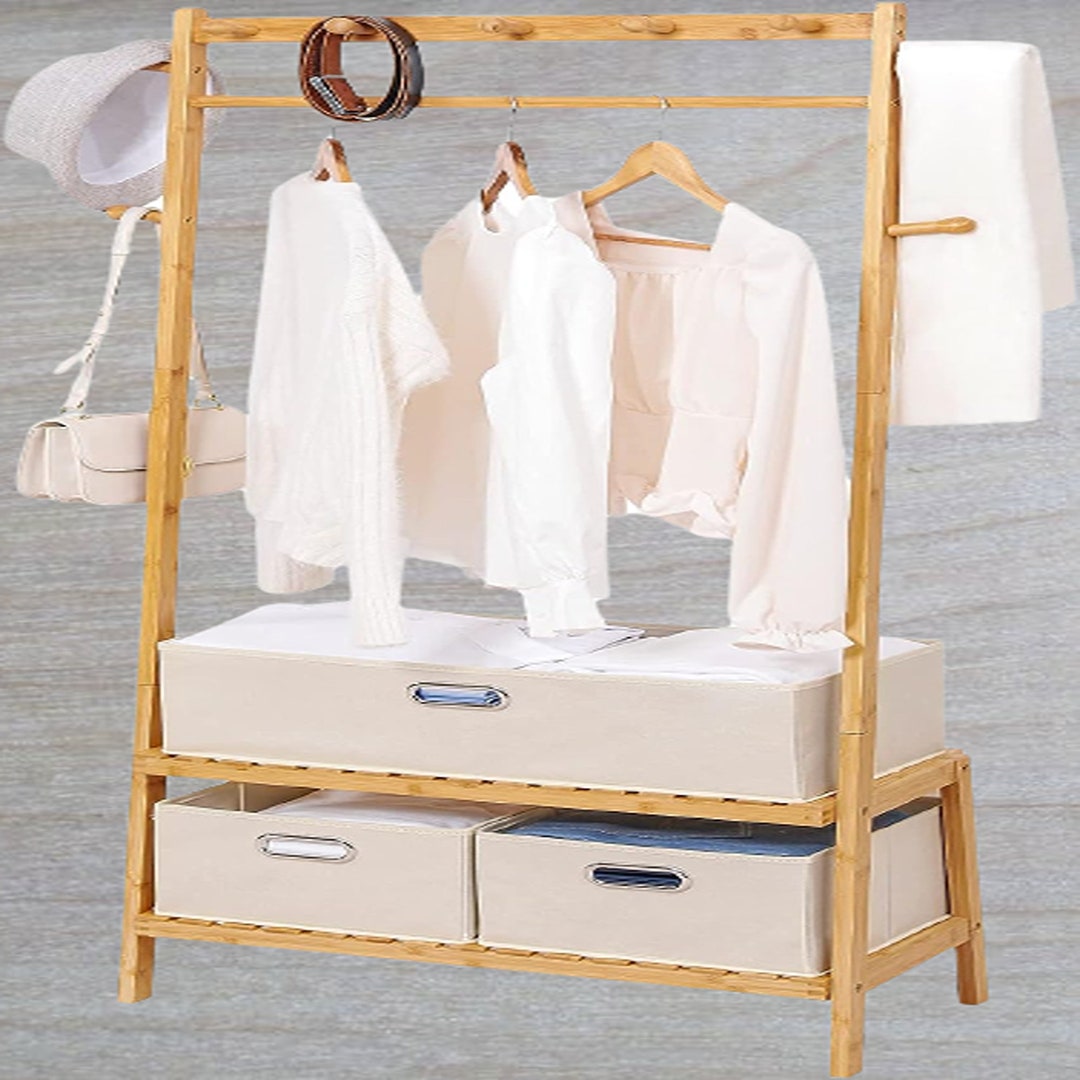 Bamboo Clothing Rack With 3 Storage Box Garment Rack Clothes Etsy