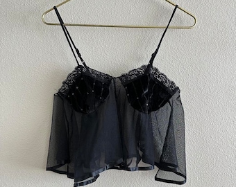 Handmade dainty black velvet lace trim sheer camisole top