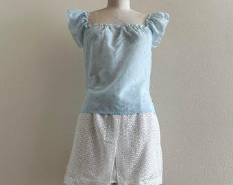 handmade light blue strawberries print milkmaid top
