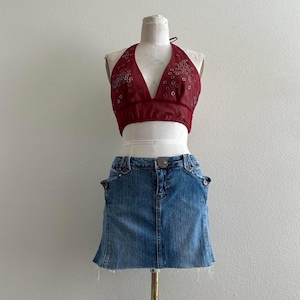 reworked BCBG Maxazria burgundy mesh halter top with silver metal rings