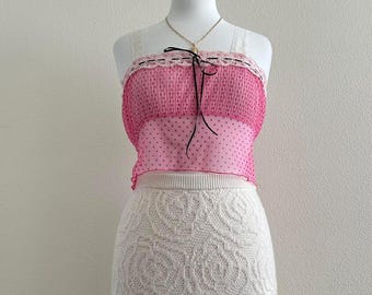 handmade pink and black sheer mesh polka dot lace trim camisole crop top