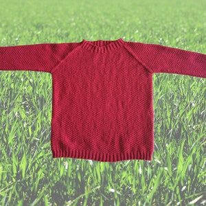 May include: A red knitted jumper with a crew neck and long sleeves.