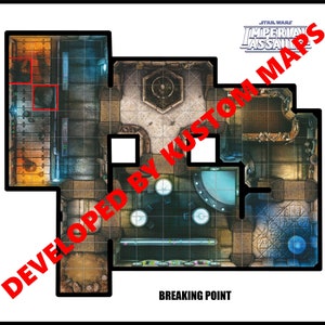 Puede incluir: Un mapa de Star Wars Imperial Assault titulado "Breaking Point" con un patrón de cuadrícula y varias disposiciones de habitaciones. El mapa está diseñado para su uso con el juego de mesa Imperial Assault.