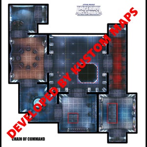 Könnte beinhalten: Eine Star Wars Imperial Assault Spielkarte mit dem Titel "Chain of Command" in blau-grauer Farbgebung. Die Karte ist in vier Abschnitte unterteilt, die jeweils ein anderes Layout haben. Die Karte ist für die Verwendung mit dem Imperial Assault Spiel konzipiert.
