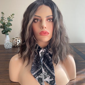 14&quot; Brown Wavy Wig With Blonde Highlight | Lace Front Wig With Bangs | Natural Synthetic Wig | Quality Wig | Daily Wear Wig | Women Wig