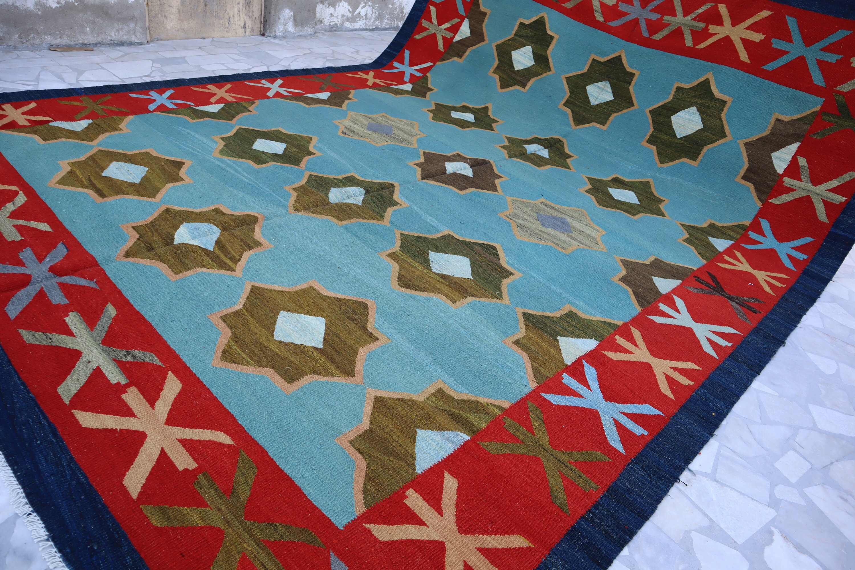 14x10 Ft Sky Blue Turkmen Kilim Rug/ Flatweave Modern Gabbeh Rug