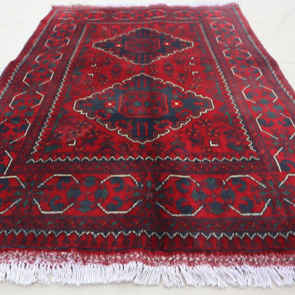 Petit tapis Boukhara de 3 x 4 pi/Tapis afghan en excellent état/Tapis contemporain neuf de qualité supérieure, fait main en laine, teinture végétale/Tapis pour chambre à coucher