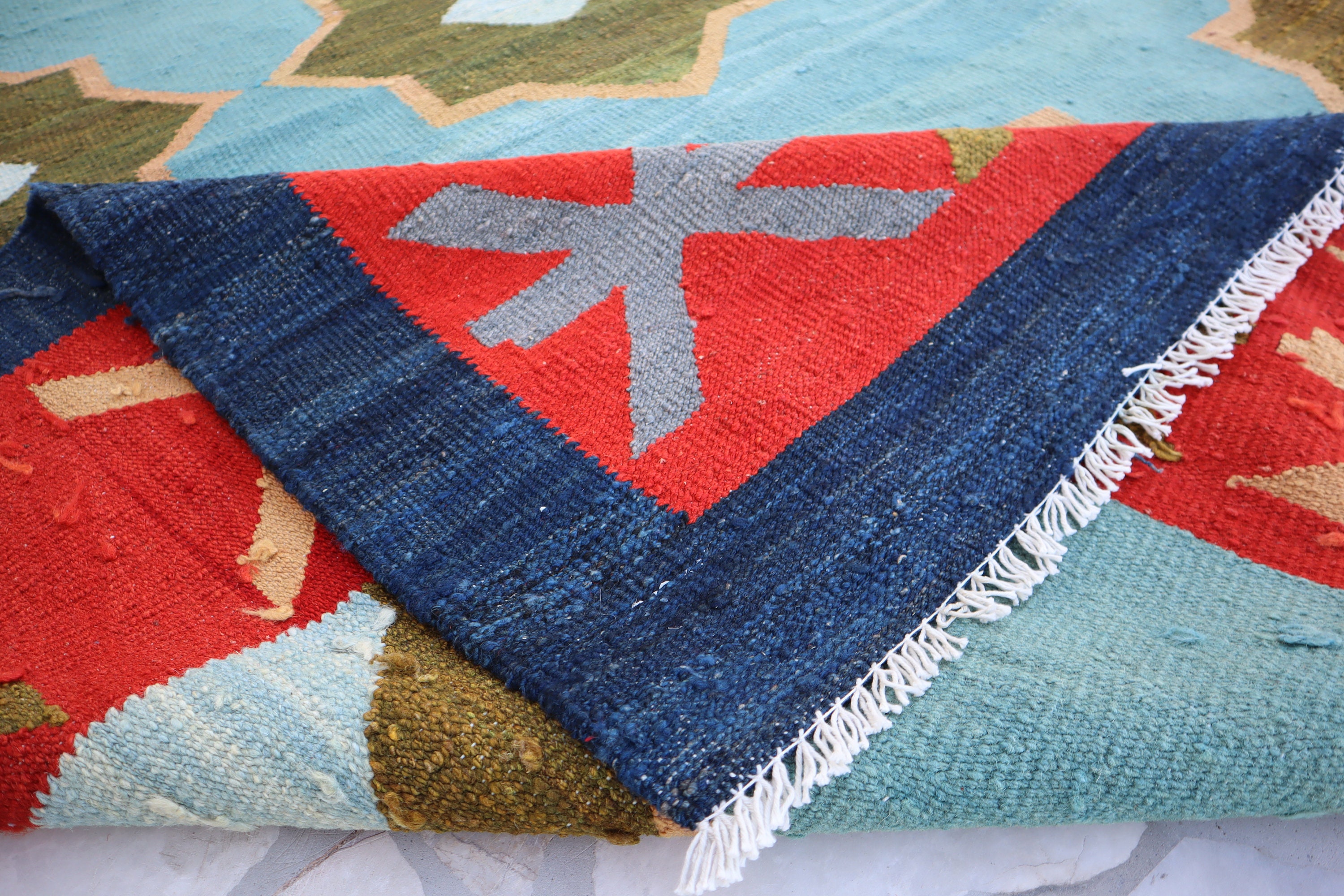 14x10 Ft Sky Blue Turkmen Kilim Rug/ Flatweave Modern Gabbeh Rug