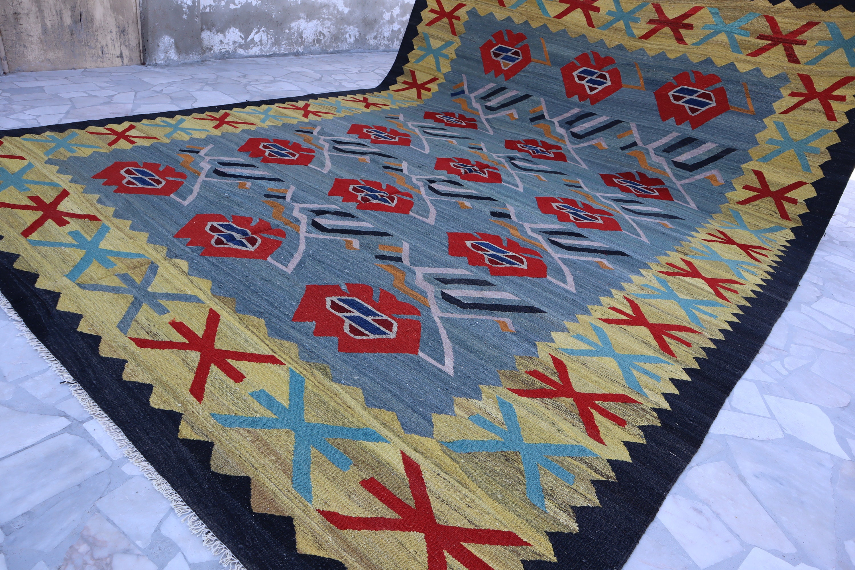 15x10 Ft Blue Turkmen Kilim Rug/ Flatweave Modern Gabbeh Rug/ Afghan Handmade Oriental Rug/ Veg