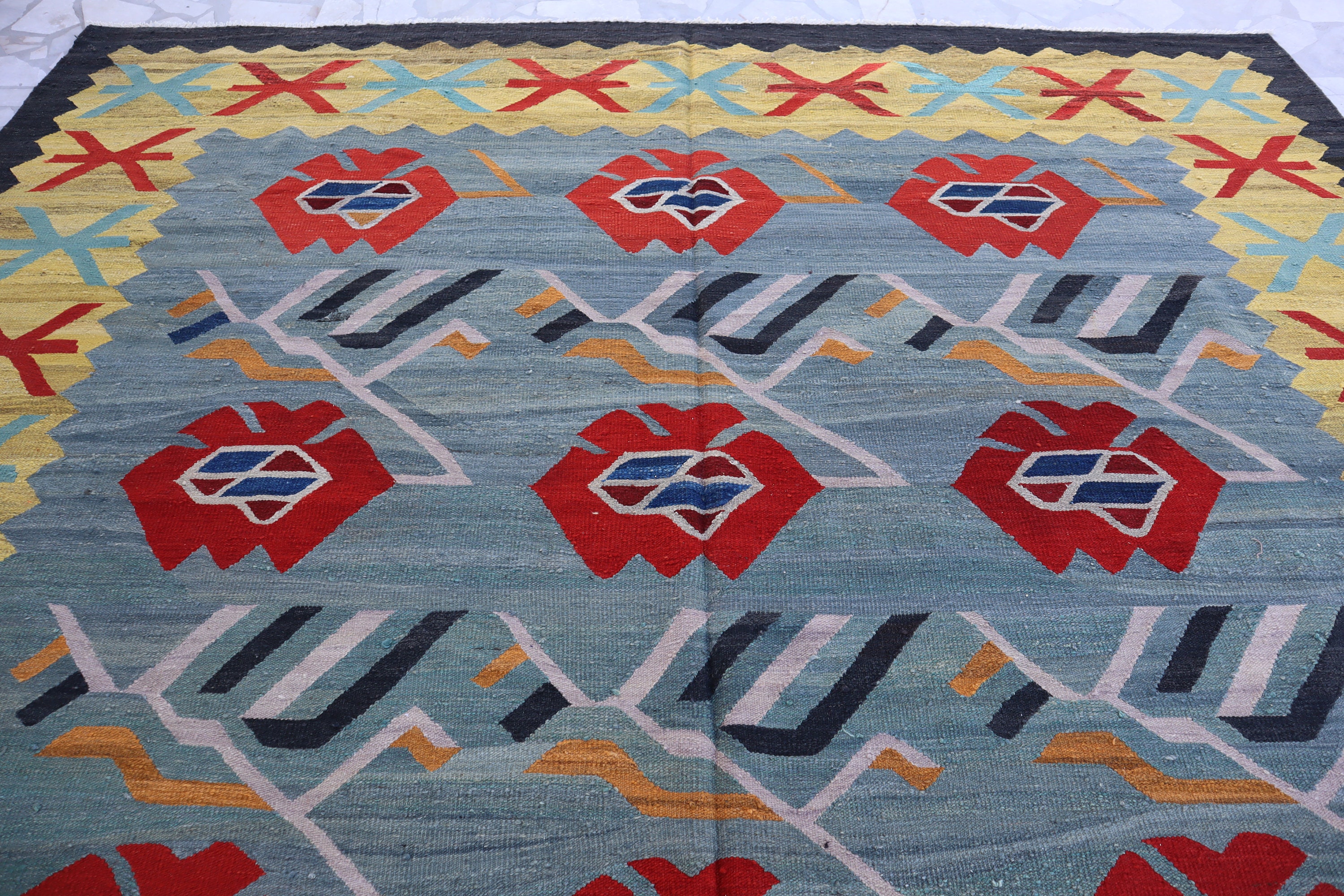 15x10 Ft Blue Turkmen Kilim Rug/ Flatweave Modern Gabbeh Rug/ Afghan Handmade Oriental Rug/ Veg