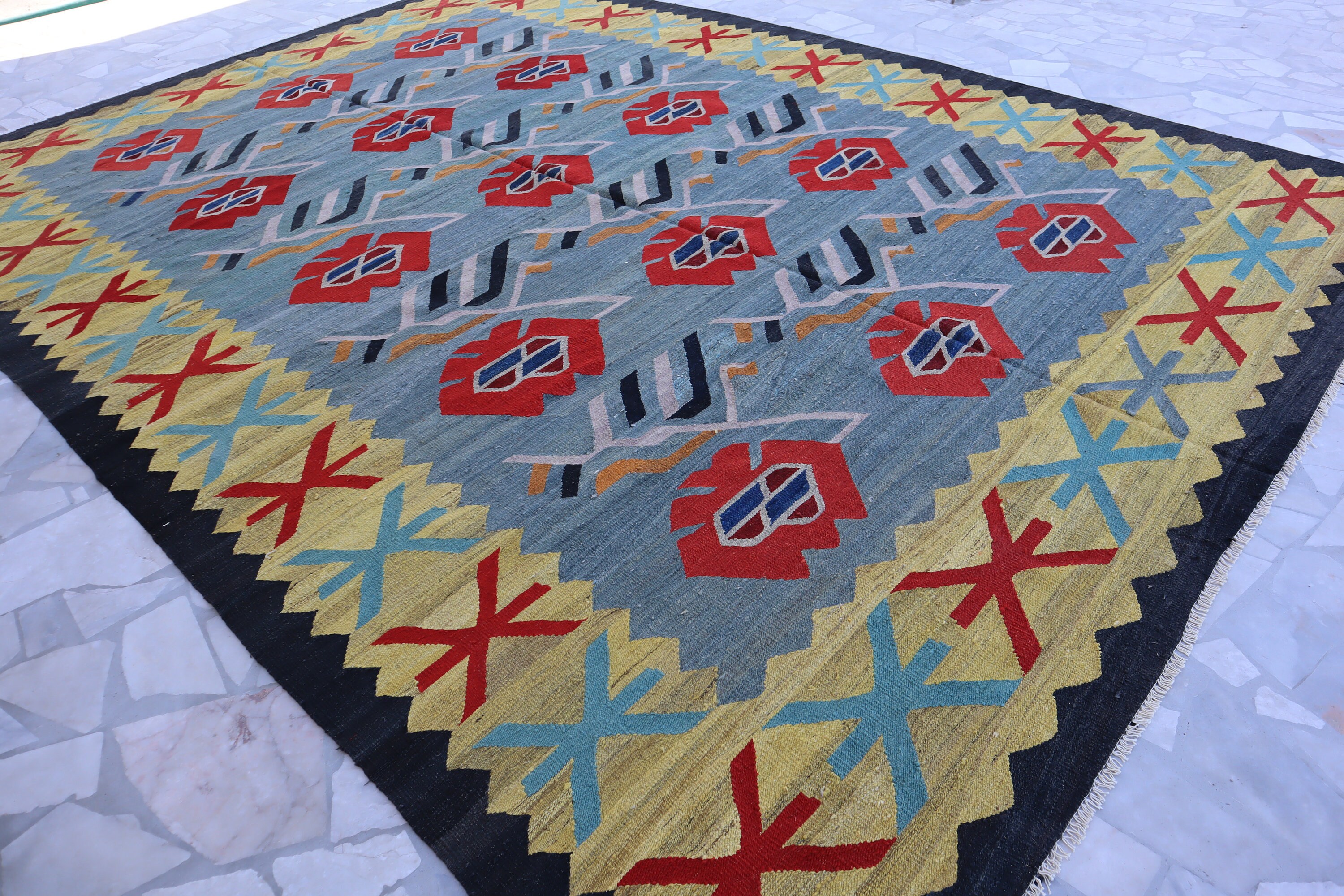 15x10 Ft Blue Turkmen Kilim Rug/ Flatweave Modern Gabbeh Rug/ Afghan Handmade Oriental Rug/ Veg