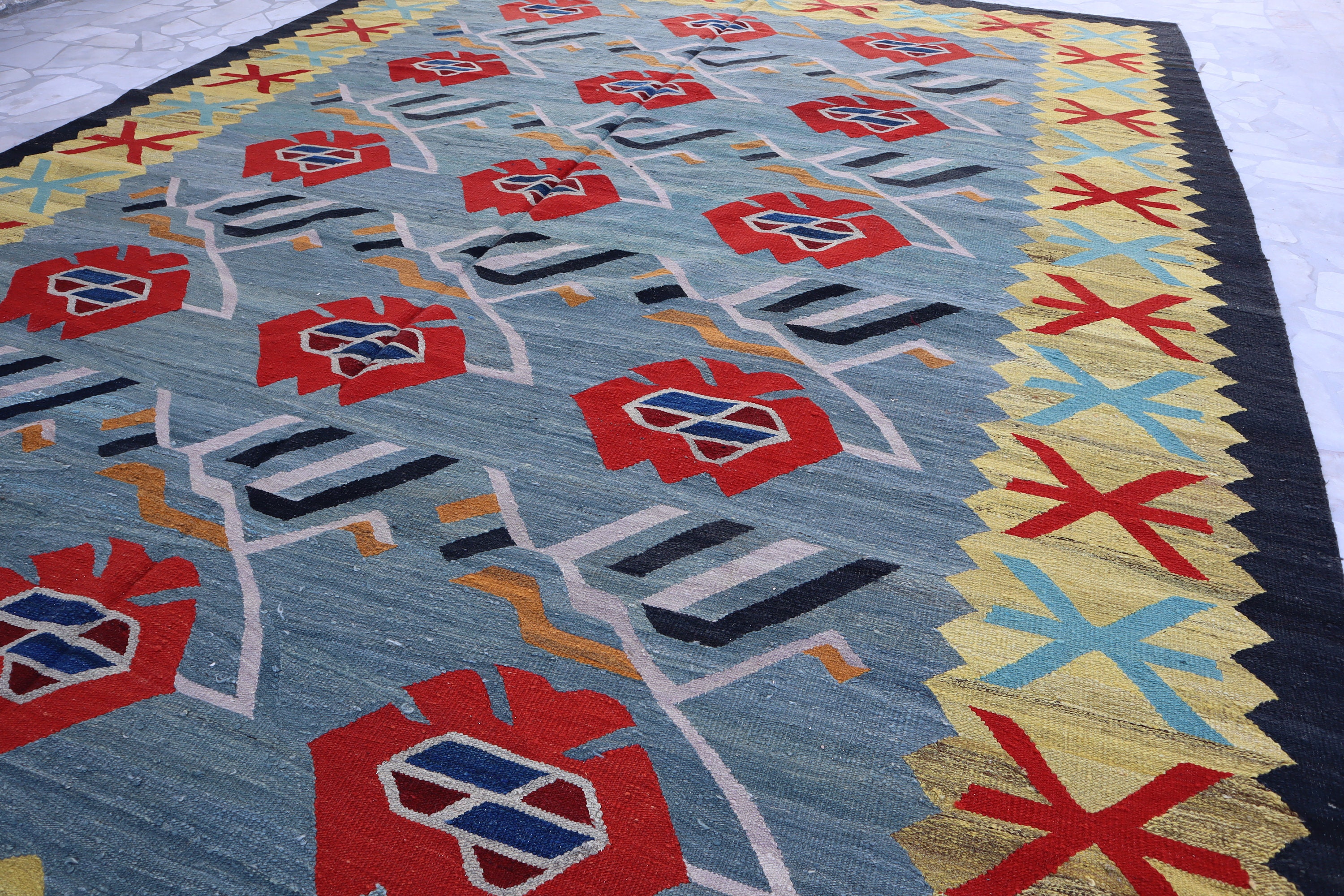 15x10 Ft Blue Turkmen Kilim Rug/ Flatweave Modern Gabbeh Rug/ Afghan Handmade Oriental Rug/ Veg
