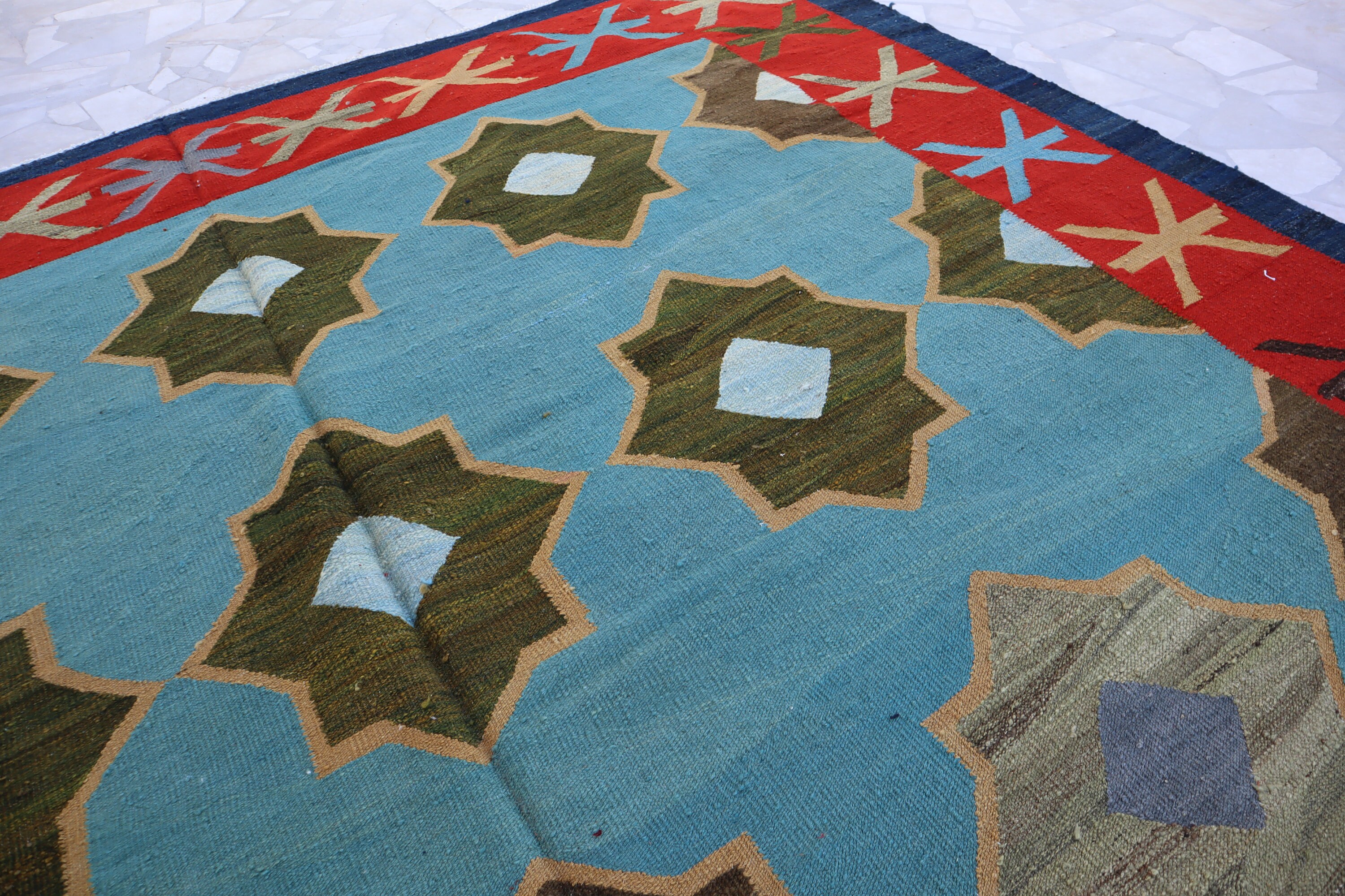 14x10 Ft Sky Blue Turkmen Kilim Rug/ Flatweave Modern Gabbeh Rug