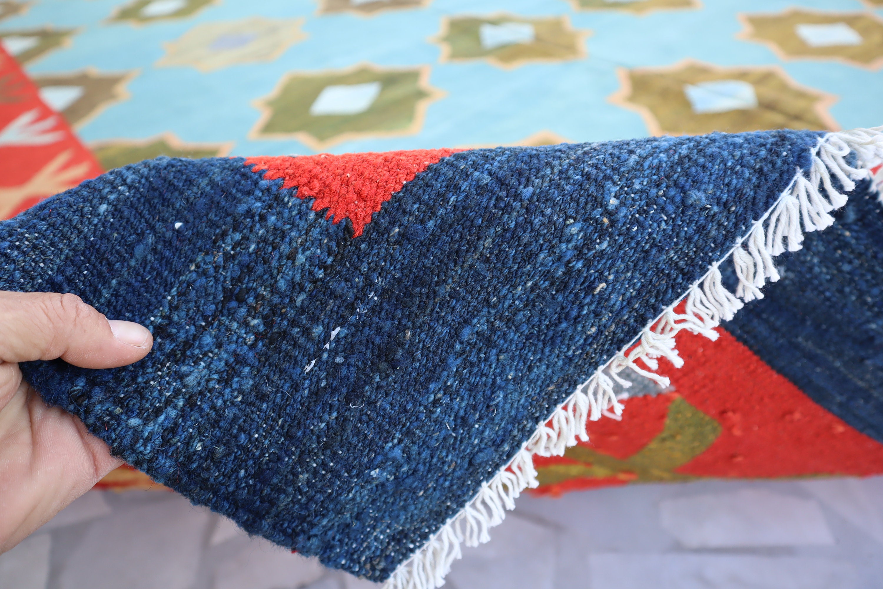 14x10 Ft Sky Blue Turkmen Kilim Rug/ Flatweave Modern Gabbeh Rug