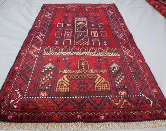 4x2 Ft Collector Piece Rug / Moslim Gebedskleed / Vintage Turkmeense Oosterse Rug / Rood Gebied Antiek Tapijt / Handgemaakt Zacht Wollen Tapijt / Kantoor Gebedskleed