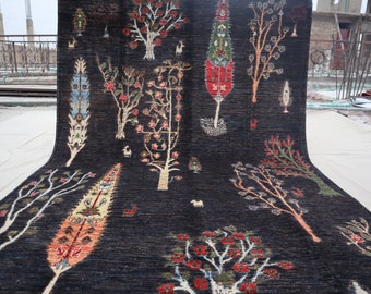 8x6 pies excelente condición afgana alfombra de área pictórica de alta calidad / alfombra de tinte de verduras de lana hecha a mano / alfombra del árbol de la vida / alfombra para niños del área negra /