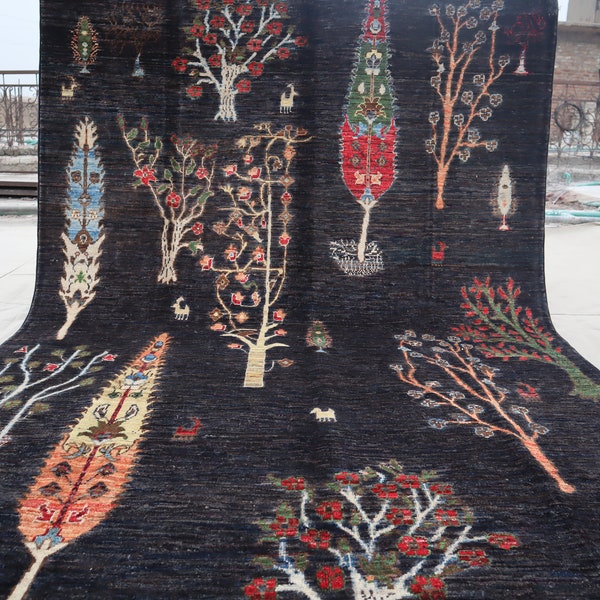 8x6 Ft Excellent Condition Afghan High Quality Pictorial Area Rug/ Handmade Wool Vegetables dye Rug/ Tree Of Life Rug/ Black Area Kids Rug/