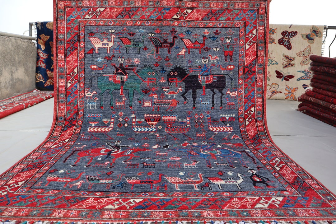 5x4 Ft Pictorial Horse Riding Animal Rug/ Excellent Condition Afghan ...