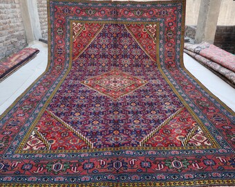 Tappeto antico a pelo basso da 7x10 piedi/pezzo da collezione tappeto vintage/tappeto caucasico in terracotta/tappeto afgano in lana fatto a mano/tappeto orientale geometrico/