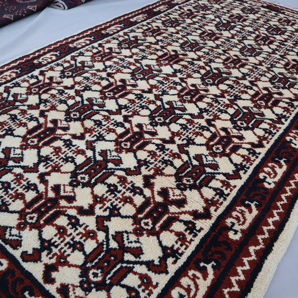 6x4 Ft White Vintage Geometric Rug/ Afghan Handmade Soft Wool Rug/ Turkmen Oriental Area Rug/ High Pile Balochi Rug/ Living Room Bedroom Rug