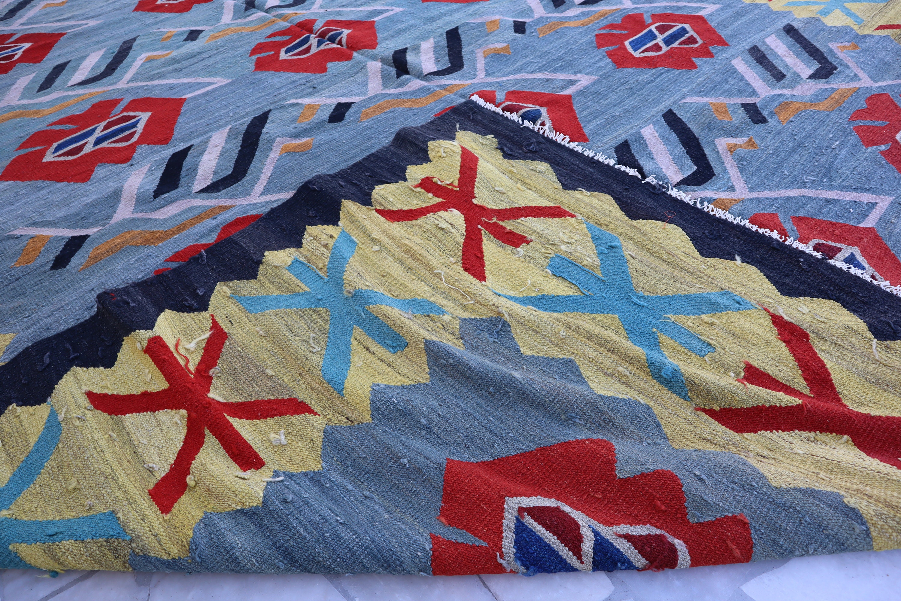 15x10 Ft Blue Turkmen Kilim Rug/ Flatweave Modern Gabbeh Rug/ Afghan Handmade Oriental Rug/ Veg