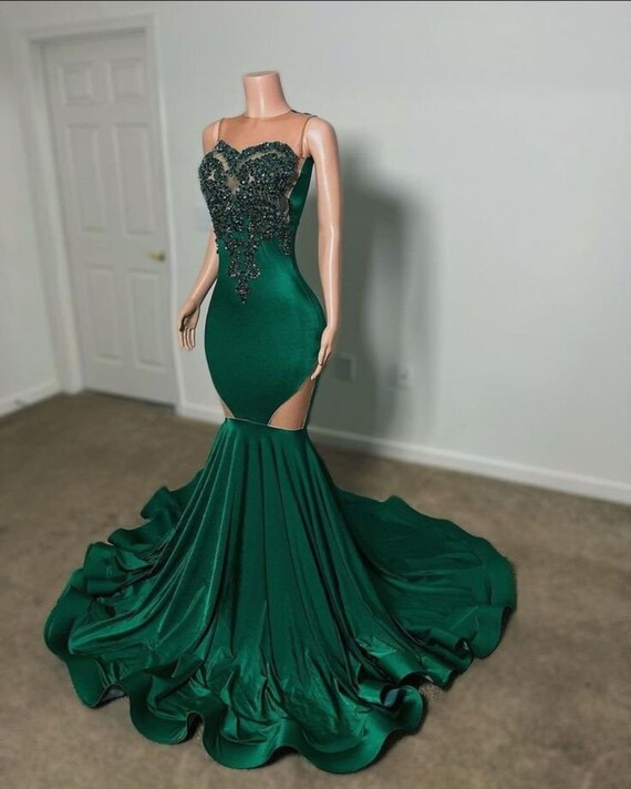 Beautiful Long Green Velvet dress,Mermaid Dress,Long Reception dress,Prom Dress,Black Girl Dress,Wedding Dress,