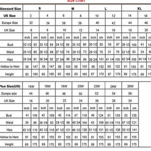 May include: Size chart for clothing in US, European, and UK sizes. The chart includes measurements in inches and centimeters for bust, waist, hips, hollow to hem, and height. The chart is divided into two sections: Standard Size and Plus Size.