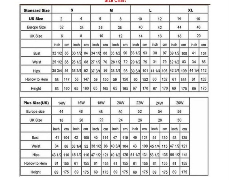 May include: Size chart for clothing in US, European, and UK sizes. The chart includes measurements in inches and centimeters for bust, waist, hips, hollow to hem, and height. The chart is divided into two sections: Standard Size and Plus Size.