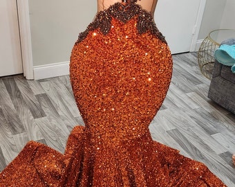 Luxury burnt orange velvet seqins dress,Mermaid dress,Long Reception dress, Black girl dress,Wedding dress,Free shipping