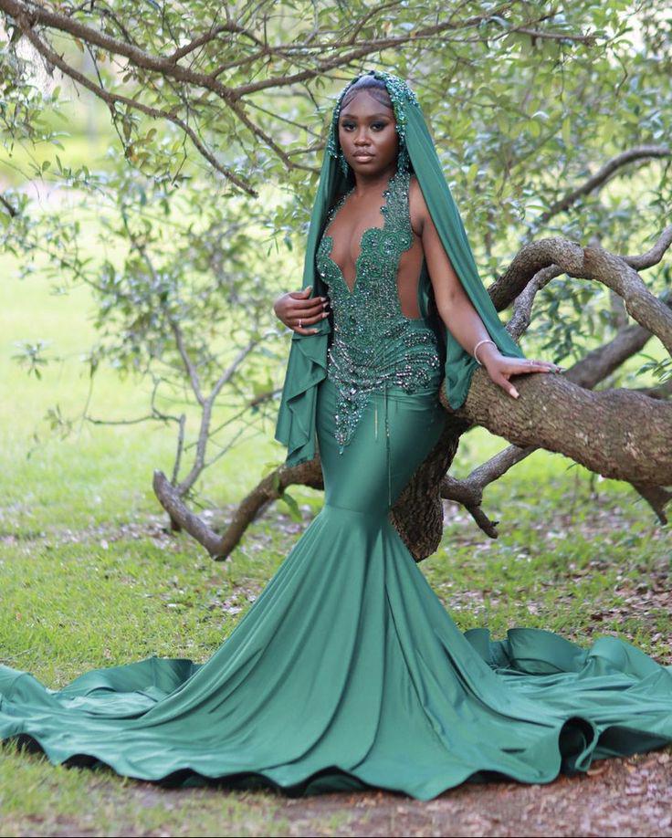green emerald velvet dress Zapaka Women Dark Green Prom Dress with Appliques Mermaid Off The Shoulder Evening Dress with Slit, Dark Green / US22W main image 1