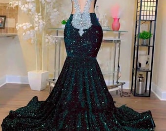 Green sleeveless prom dress, Embellished mermaid dress, wedding dress, Sleeveless dress, Free shipping