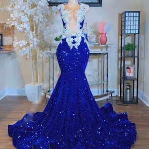 Langes blaues verzierte Meerjungfrau-Kleid, ärmelloses Kleid, langes Abschlussball-Kleid, Hochzeitskleid, Aufnahmekleid, freier Versand