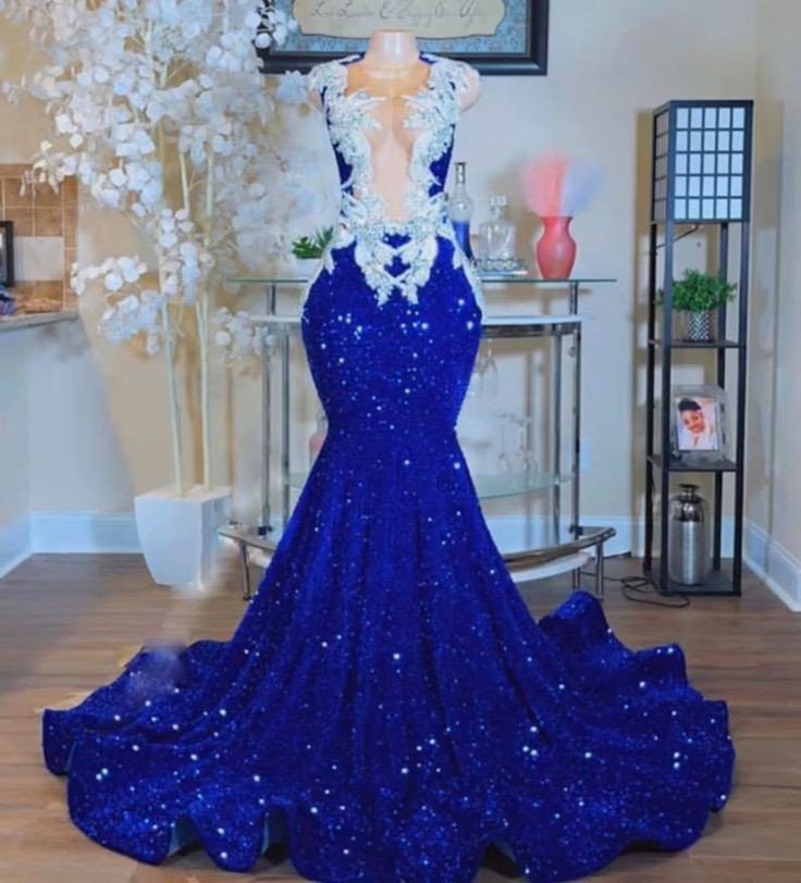 navy blue business casual dress Deep V-neck Royal Blue and Black Lace Prom Dress with Cap Sleeve – Rosymae