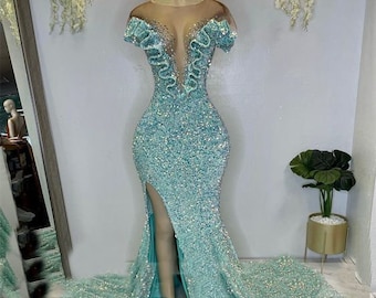 Beautiful long mint green velvet seqins dress,Mermaid dress,Long Reception dress, Black girl dress,Wedding dress, Spliteddress,Free shipping